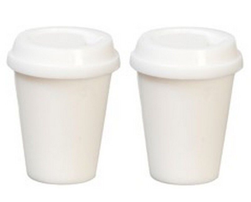 2 Take Out Cups With Removable Lids, Dolls House Miniatures, Coffee Cups,