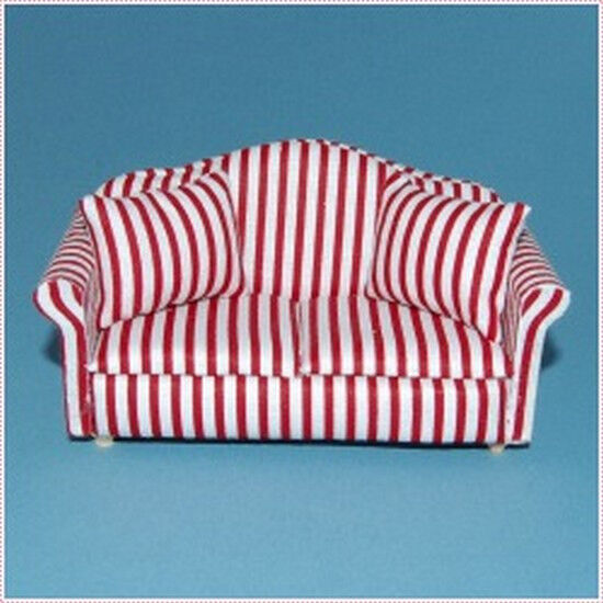 Two Seater Sofa in Red Stripes, Doll house furniture Miniature 1.12 Scale settee