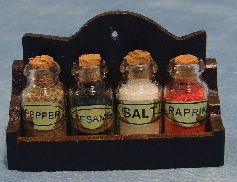 Four Filled Glass Spice Jars In A Rack, Dolls House Miniature, Kitchen Accessory