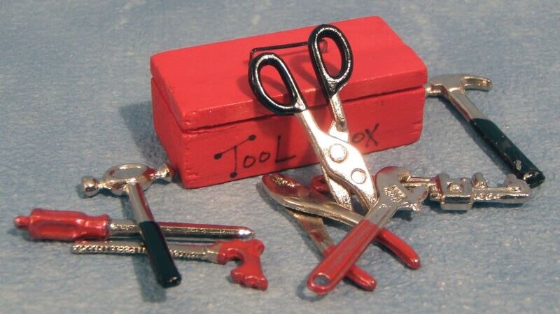 Set of Tools with Tool Box, Dolls House Miniature, Garage Shed Accessories