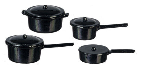 Black Pot Set, Dolls House Miniature Kitchen Accessory, 1.12 Scale