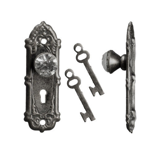 Crystal Opryland Door Handles In Black With Keys, Dolls House Miniatures