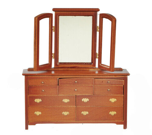 Slat Dresser With Triple Mirror, Dolls House Miniature Furniture, Bedroom