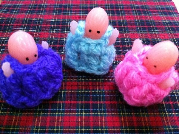 3 Babies In Coloured Dresses, Doll House Miniatures, Baby's Dressed.