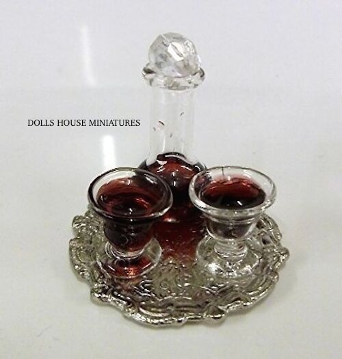 Wine Decanter & Glasses With Tray, Doll House Miniatures 1.12th Scale