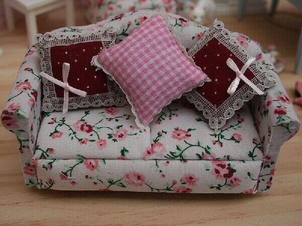 Floral Sofa With Three Cushions, Dolls House Miniature, Furniture, Settee