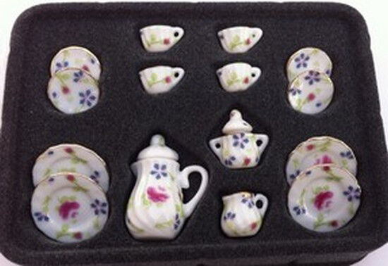 17 Piece Coffee Set With Floral Pattern, Dolls House Miniatures, Dining, UK Tea