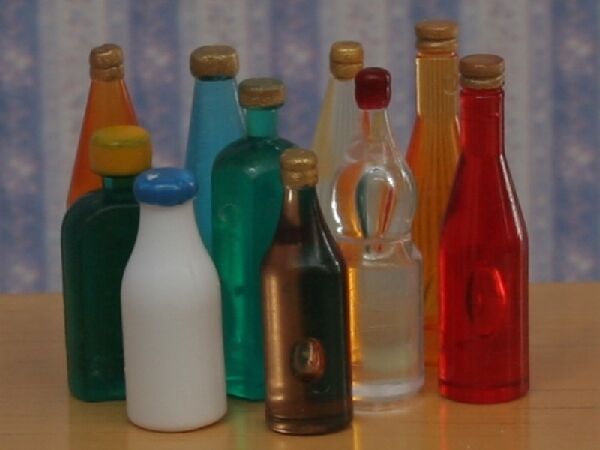 Ten Assorted Bottles (Set 2), Dolls House Miniatures Kitchen Pub Accessory