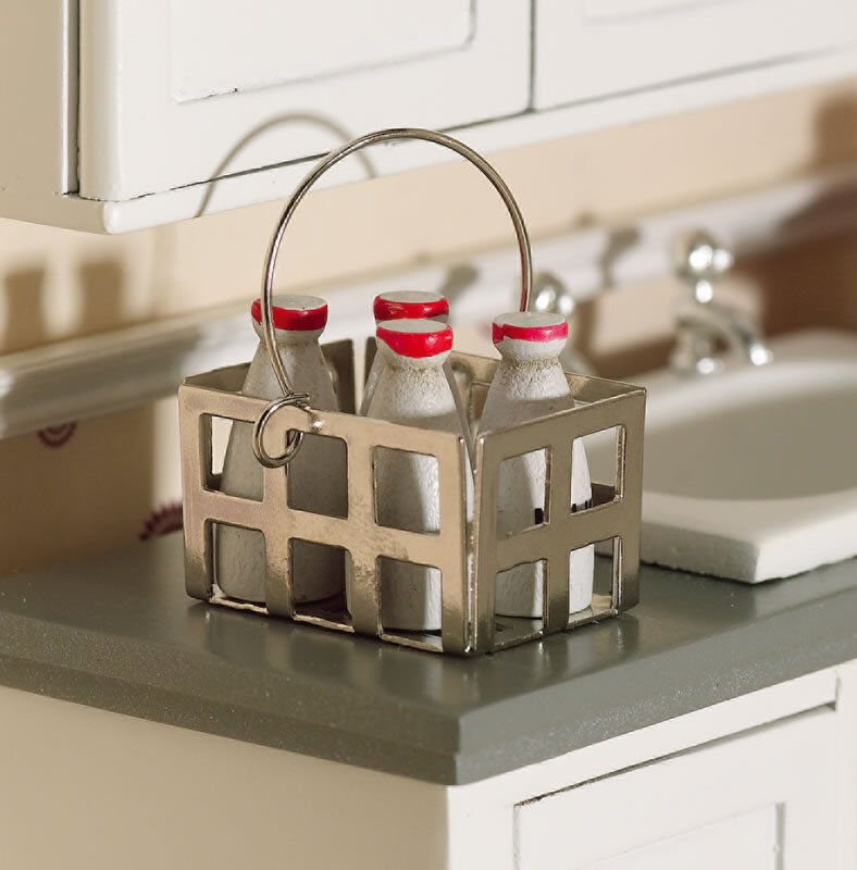 Crate with Four Milk Bottles, Dolls House Miniatures Kitchen Accessory