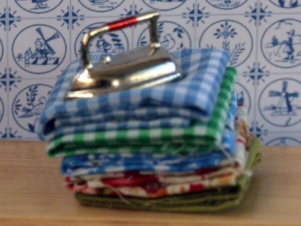 Pile of Linen & Iron, Dolls House Miniature, Ironing Pile 1/12 Scale, laundry