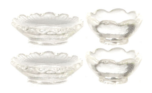 Set Of 2 Clear Bowls & 2 Clear Plates, Dolls House Miniatures, 1:12 Scale