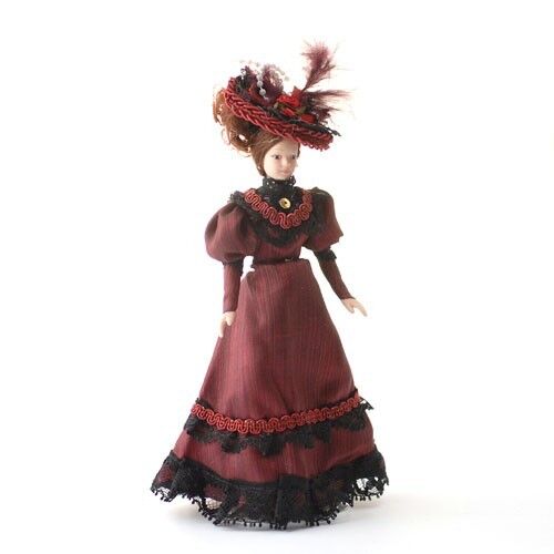 Porcelain Victorian Lady in Burgundy Dress & Hat, 1.12th Scale Doll