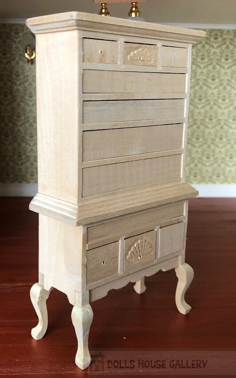 Bare Wood Chippendale Highboy Dolls House Miniature Furniture, Shelf, Drawers