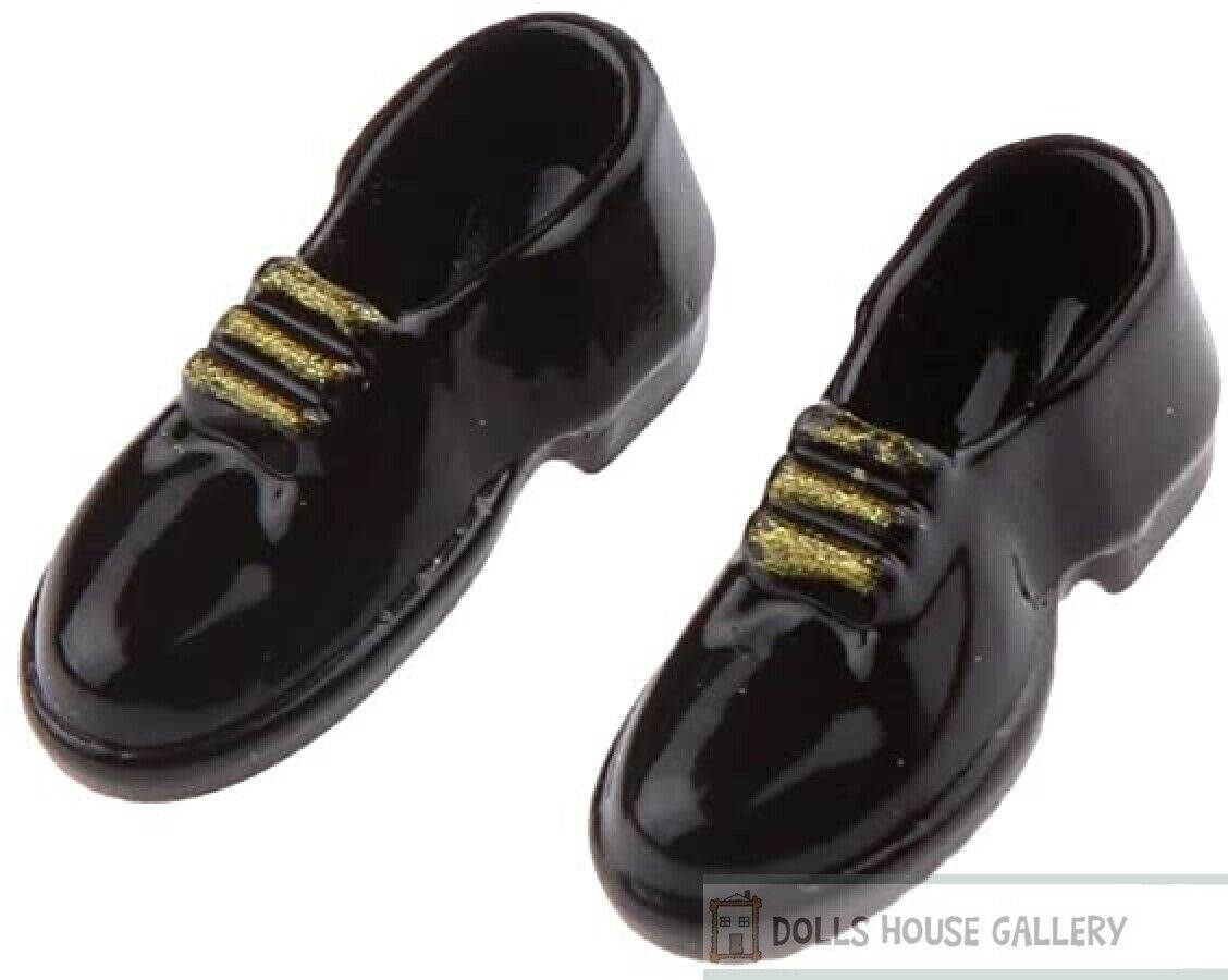 Mens Black Shoes With Gold Laces, Dolls House Miniature Clothing Accessory 1/12
