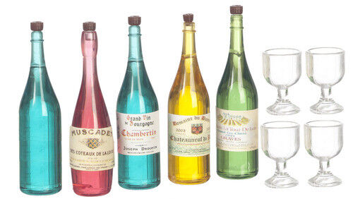 Wine, Champagne, Spirit Bottles With Glasses, Dolls House Miniatures, 1.12 Scale