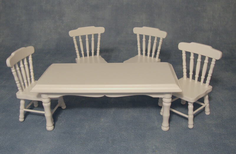 White Table & Four Chairs, Dolls House Miniature, Furniture.