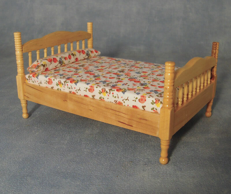 Pine Double Bed, Dolls House Miniatures, 1.12 Scale, Bedroom