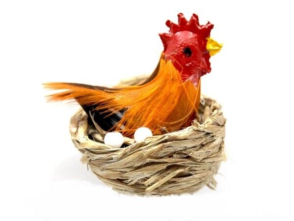 Hen In Basket, Dolls House Miniature, Animal Chicken Farm Eggs