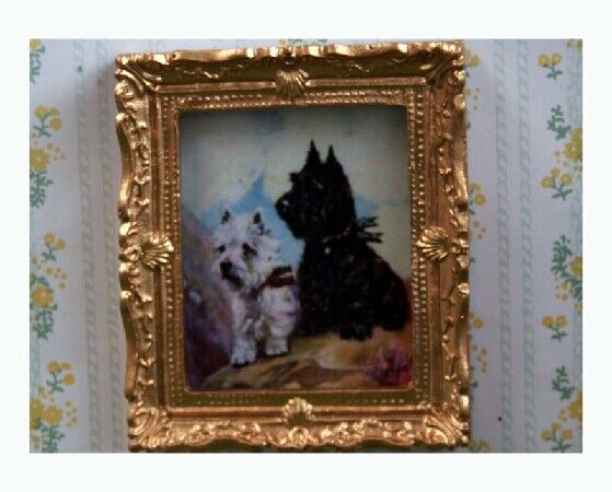 Terriers Picture In Ornate Golden Frame, Dolls House Miniatures, Wall Decor