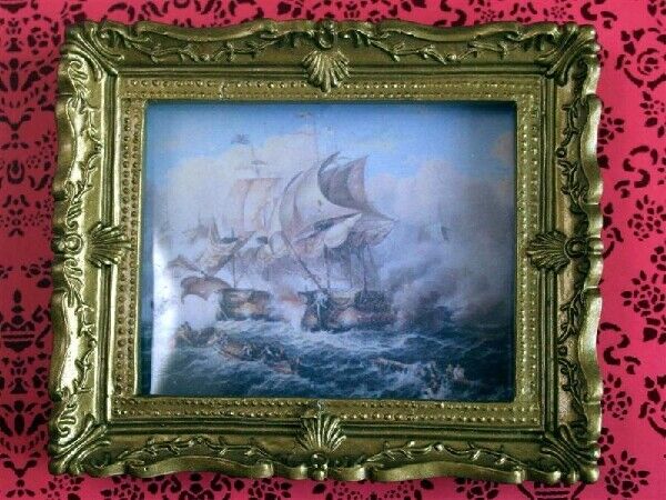 Battle At Sea Picture In Ornate Golden Frame, Dolls House Miniatures, Decor