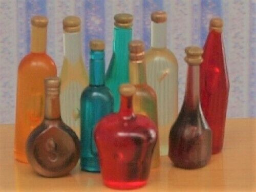 Ten Assorted Bottles, Dolls House Miniatures Kitchen Pub Accessory