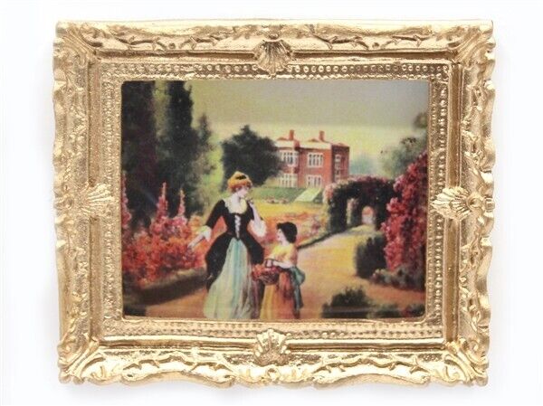 Ornate Gold Framed Picture Of A Tudor Mansion, Dolls House Miniature Wall Decor