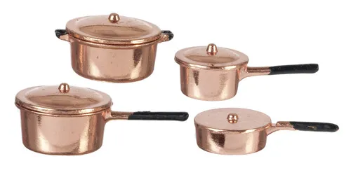 Copper Pots & Pans Set, Dolls House Miniature Kitchen Accessory Metal, Cooking
