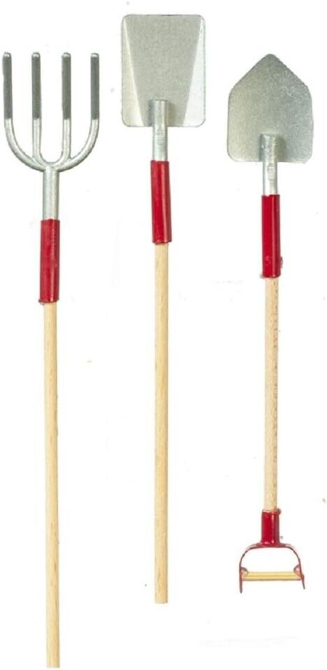 Set of 3 Garden Tools Red, Dolls House Miniature, Spades Fork 1.12 Scale
