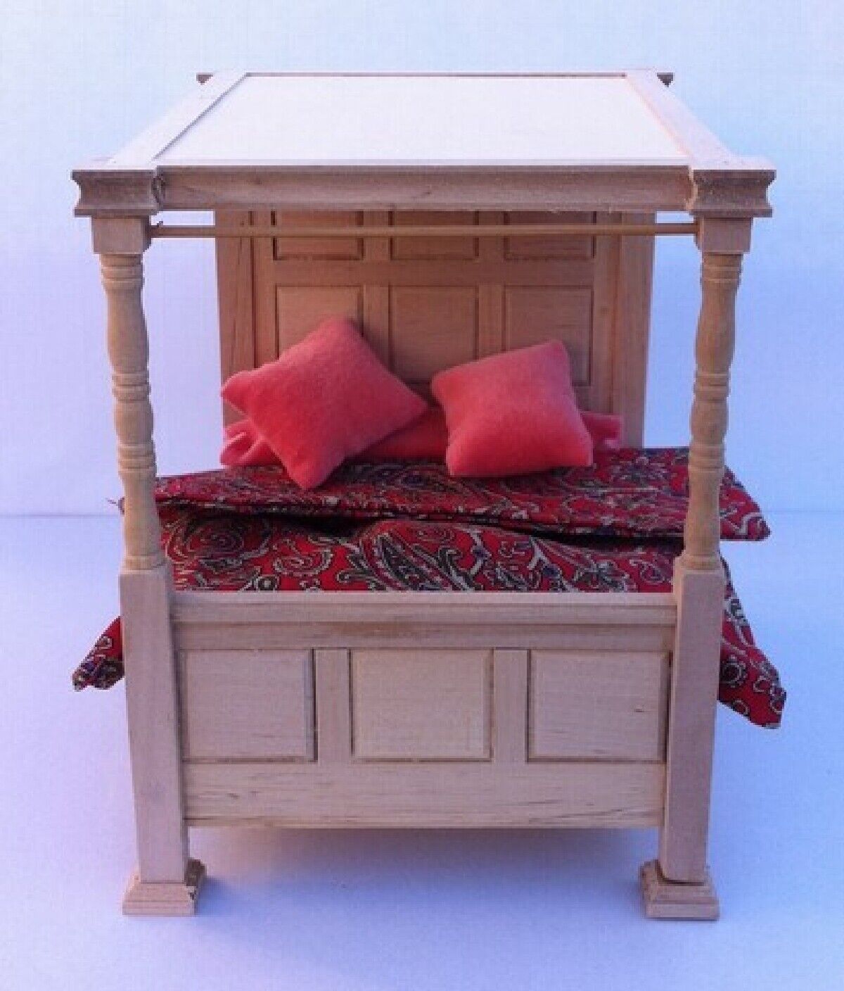 Double Four Poster Tudor Bed with Paisley Bedding in Barewood, Dolls House Mini