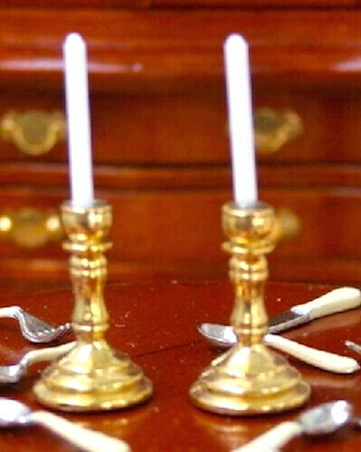 Gold Candlesticks Pair, Dolls House Miniature, Home Decor 1.12 Scale