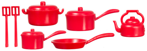 Red Kitchenware Pots & Pans Set, Dolls House Miniature, Kitchen