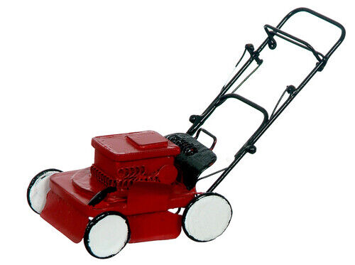Red & Black Power Lawn Mower, Dolls House Miniature, Tools 1.12 Scale Garden