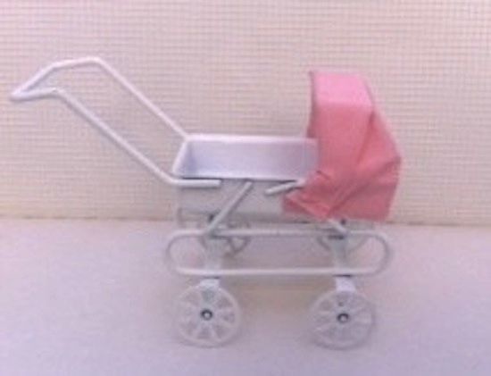 Pink Hooded Metal Pram, Dolls House Miniatures Nursery Toys buggy 1/12 scale