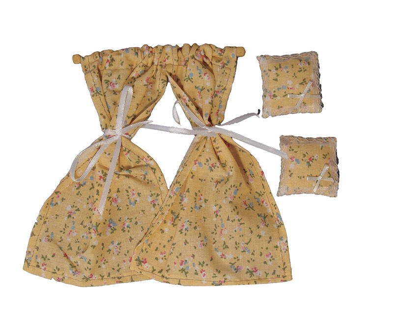 Curtains & Two Cushions, Beige Flower Pattern 1.12th Scale Doll House Accessory