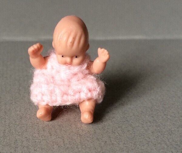Baby in Pink Knitted Dress, Dolls House Miniature, 1.12 Scale