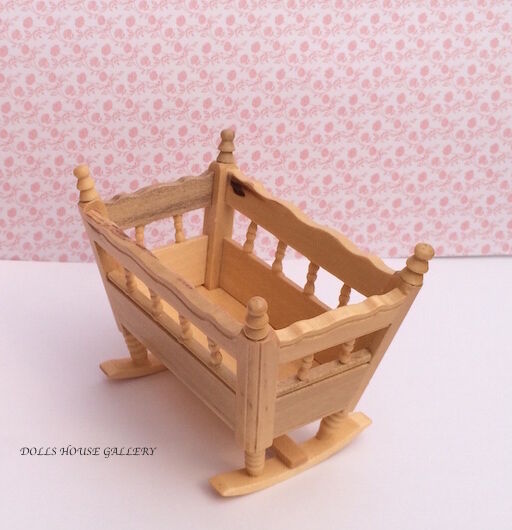 Pine Rocking Cradle, Dolls House Miniature Nursery Accessory. 1.12 Scale