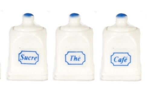 3 Cosmopolitan Canisters with Lids, Dolls House Miniature Tea Coffee Sugar Pots