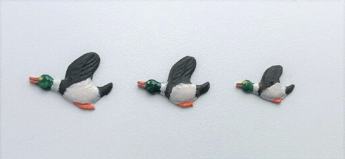 Three Hand Painted Pewter Flying Ducks, Dolls House Miniature Wall Decor