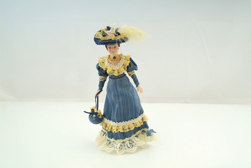Porcelain Victorian Lady in Blue Dress & Hat, 1.12th Scale Doll