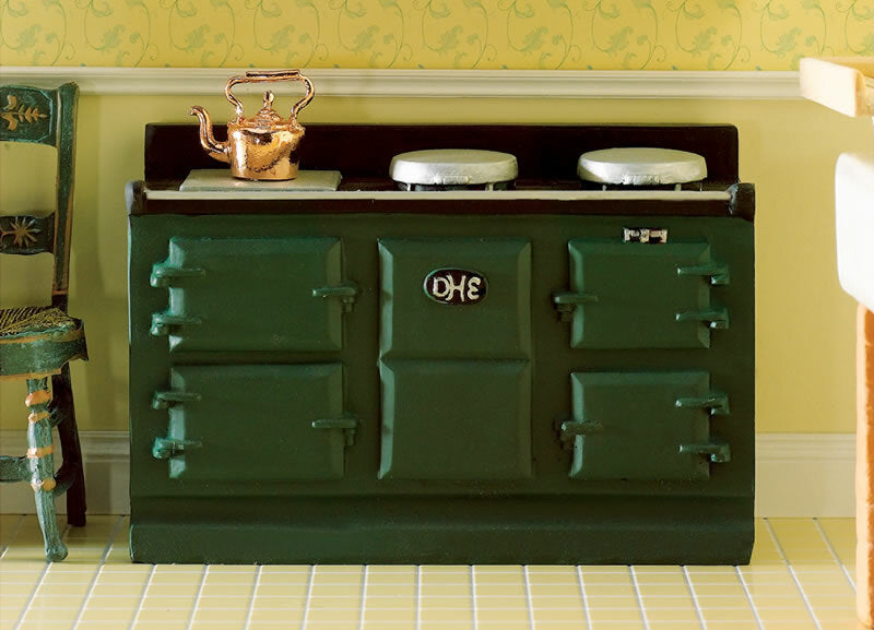 Green Aga Stove, Doll House Miniature, 1.12th Scale, Kitchen Cooker