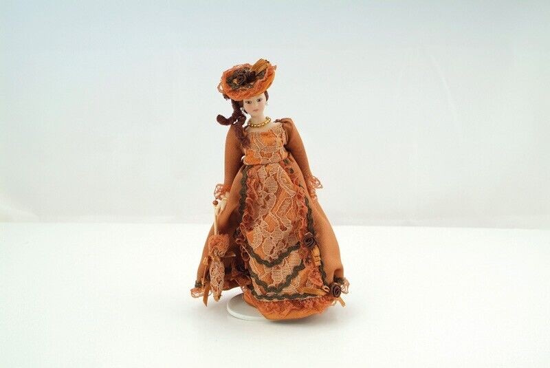 Porcelain Victorian Lady in Tan Dress & Hat, Dolls House Miniature, 1.12 Scale