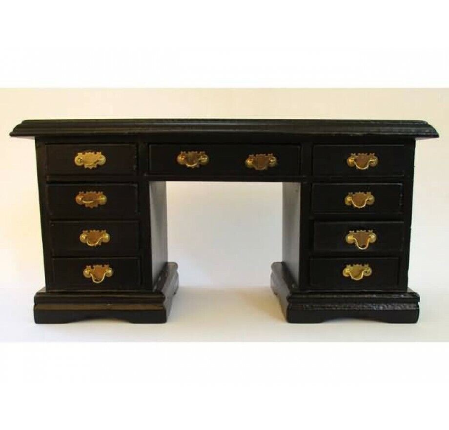 Black Kneehole Desk, Dolls House Miniature Furniture, Study Office 1.12th