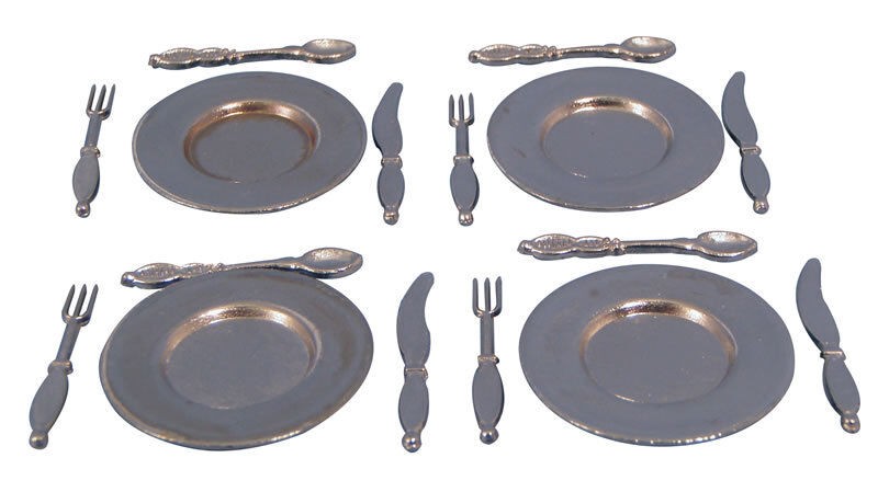 4 Metal Plates & Cutlery, Doll House Miniature, Miniatures, Knifes Forks Spoons