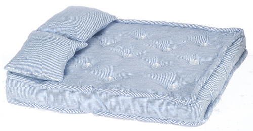 Double Mattress with Pillows Blue & White Striped Dolls House Miniature Bedding