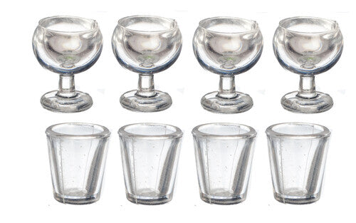 Set Of 8 Small Glasses, Dollhouse Miniature, 1.12 Scale, Wine Glass, Beaker