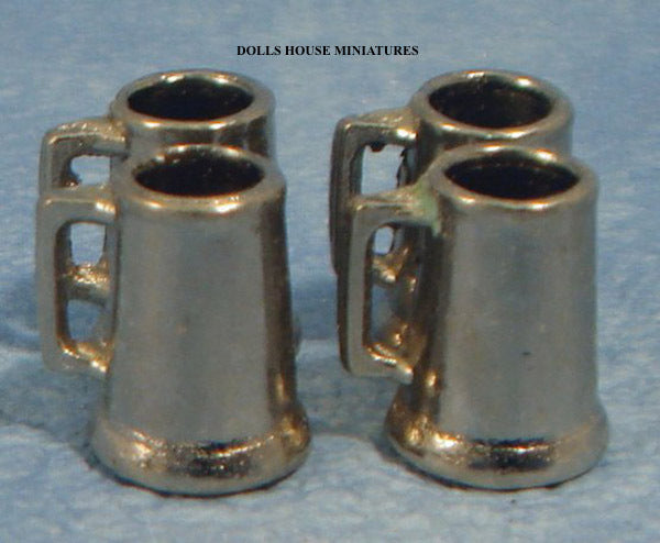 Four Small Pewter Tankards, Dolls House Miniature Drink Cup Pub Kitchen Dining.