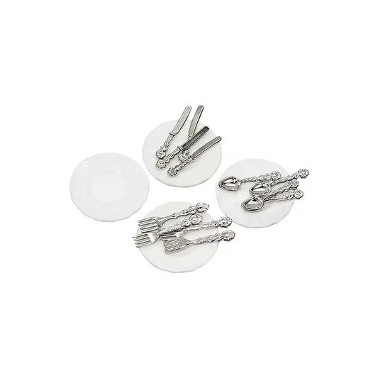 4 Dining Plates & Cutlery, Dolls House Miniature Dinner