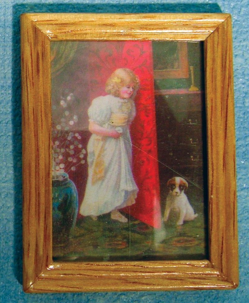 Wood Framed Child & Pet Dog Picture, Doll House Miniatures 1.12 Scale