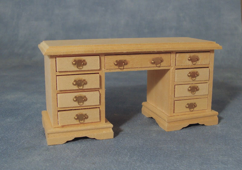 Kneehole Desk In Bare Wood, Dolls House Miniatures, Miniature Furniture