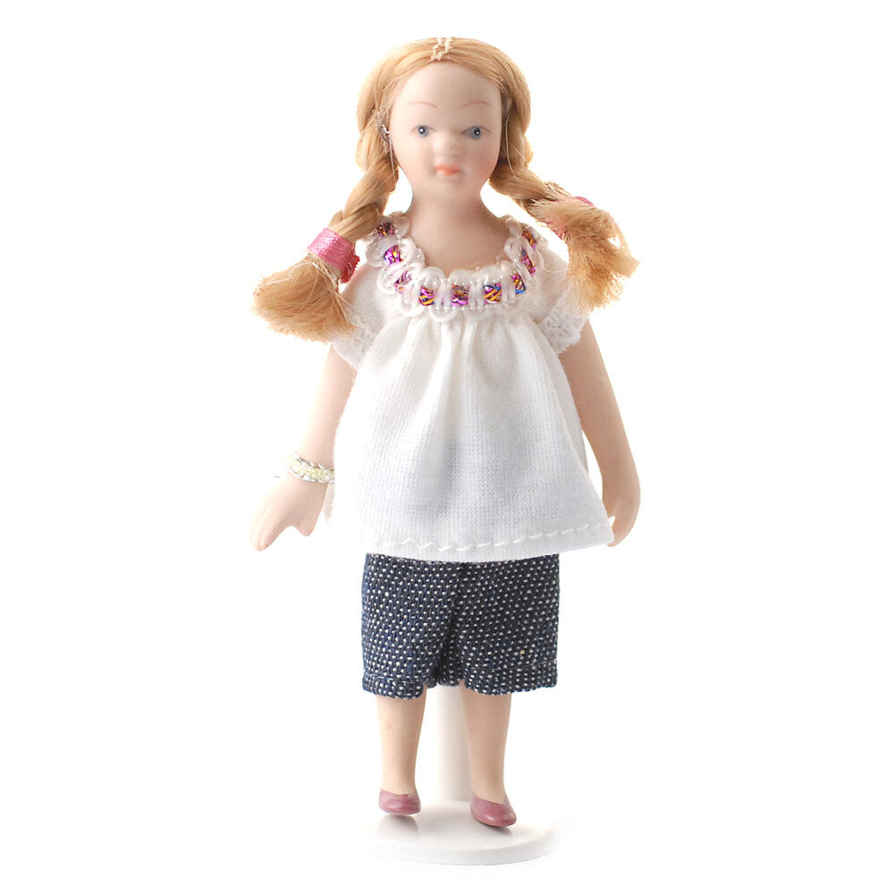Child Doll with Plaited Hair, Dolls House Miniature & Stand, Girl Doll